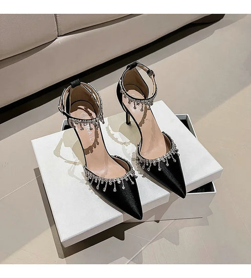 Comemore White Wedding Bridesmaid Satin Pumps with Rhinestones