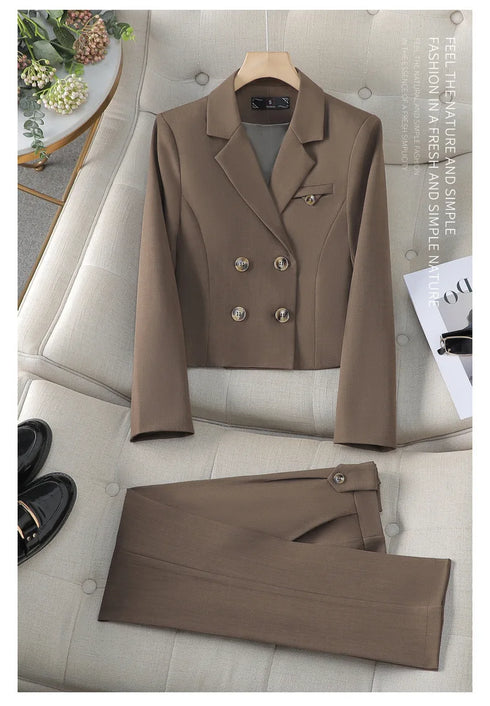 Chic Women's Office Suit Set: Long Sleeve Double Breasted Short Tops with Slim High Waisted Pencil Pants for Spring Fashion