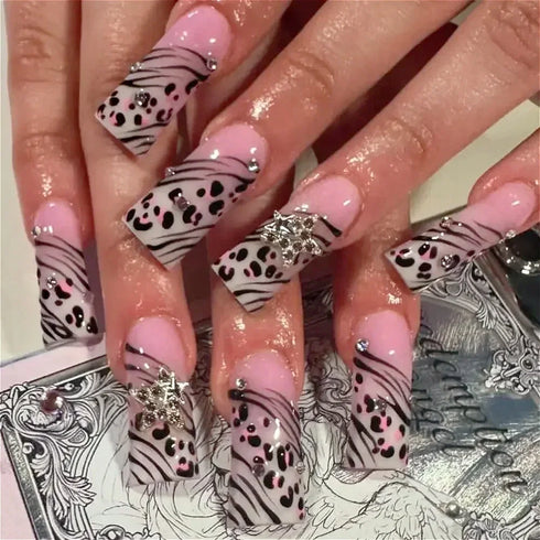 Charming 3D Flower Press on Nail Art with Cute Leopard Print Design - Stylish Almond Shape Ballet False Nails for Daily and Vacation Manicure