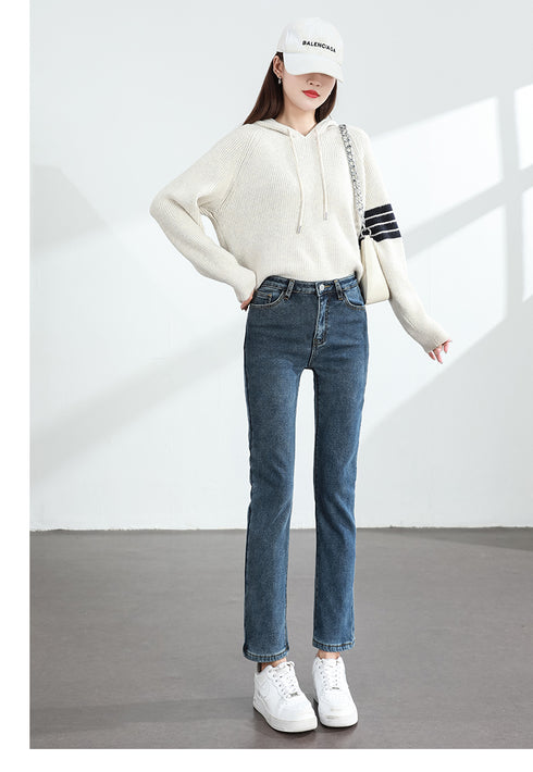 Women's Winter Fleece Warm Jeans Retro Slim Straight Denim Pants
