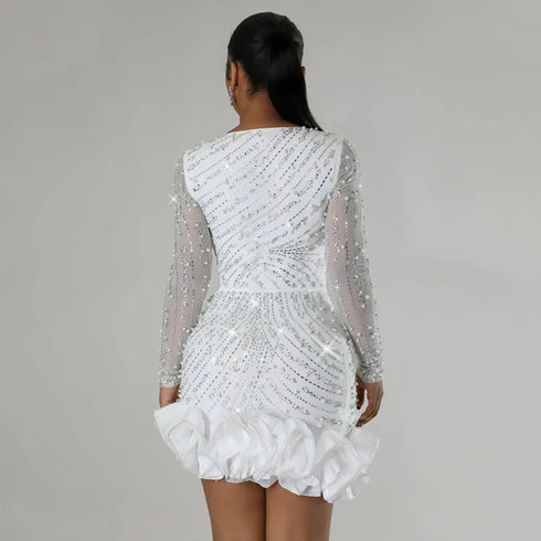 Long Sleeve V Neck Transparent Club Dress with Diamonds