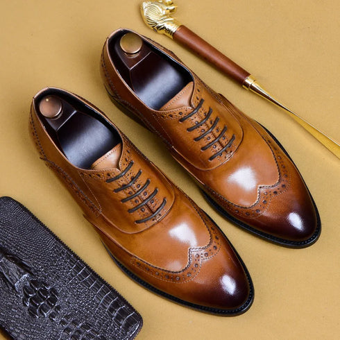 Genuine Cow Leather Brogue Oxford Shoes for Men Vintage Handmade Casual Flats