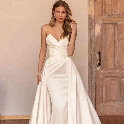 Customized 2 In 1 Detachable Train Wedding Dress Satin Mermaid Bride Gowns