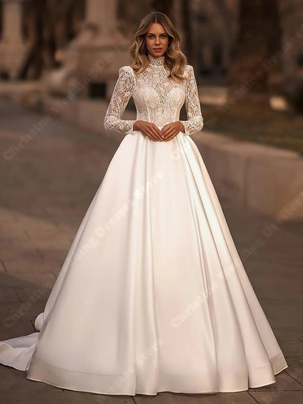 Luxury Formal Wedding Dresses Glitter Tulle Full Sleeves Princess Gowns Evening Bridal Gowns