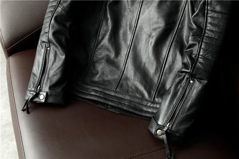 Vintage Genuine Leather Biker Jacket for Men – Slim Fit Cowhide Motorcycle Outerwear with Pockets and Embroidery Details for All Seasons