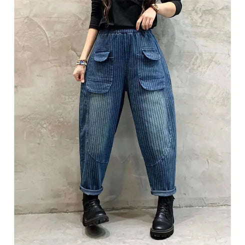 Harem Style Printed Jeans For Women Elastic Waist Denim Pants Casual Loose Relaxed Fit
