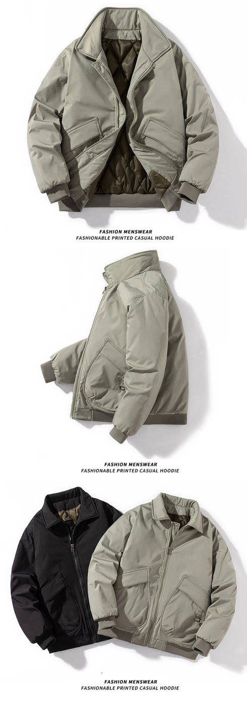 Men's Solid Bomber Jacket - Vintage Retro Military Style Motorcycle Parka - Thick Windbreaker with Pockets for Autumn and Winter Casual Wear