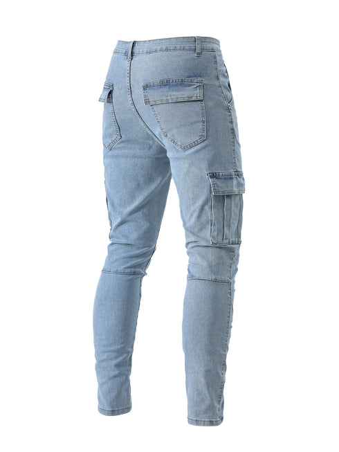 Men's Fashion Elastic Slim Fit Cargo Denim Pants Multi Pockets Casual Skinny Trousers