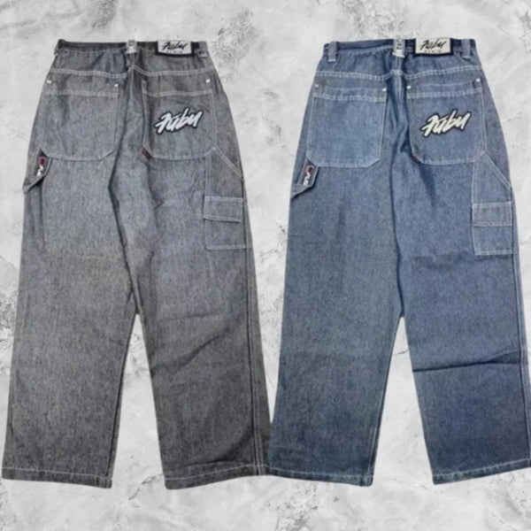 FUBU Jeans Y2K Hip Hop Harajuku Retro Pocket Embroidered Jeans Streetwear Fashion High Waisted Wide Leg Jeans