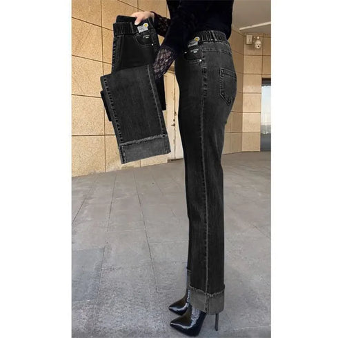 Elastic Waist Jeans For Women High Waist Wide Leg Denim Pants Loose Fit Casual Trousers