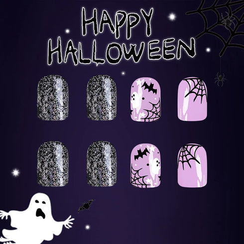 24pcs Halloween-Themed Short Square Press-On Nails with Fun Ghost, Bat, and Spider Web Designs - Perfect Fake Nail Set for Women and Girls