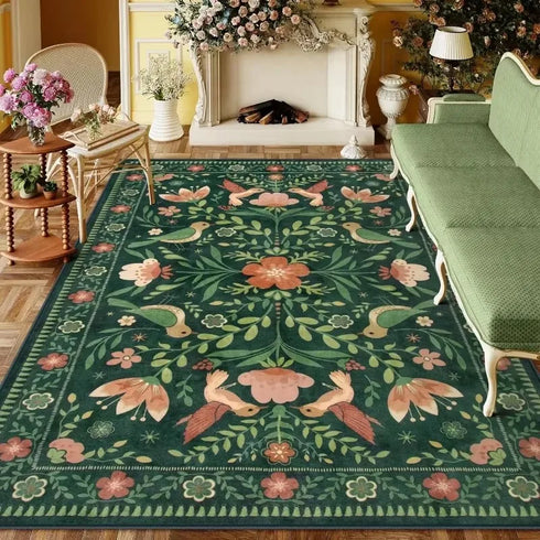 American Pastoral Style Flora Fauna Print Area Rug for Living Room and Bedroom Decor