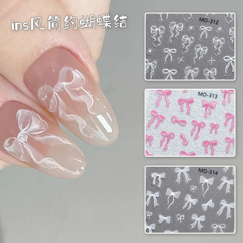 5D Embossed Nail Art Stickers - Semi-Transparent White Bowknots Adhesive Sliders for Creative Manicure Decorations and Nail Art Accessories