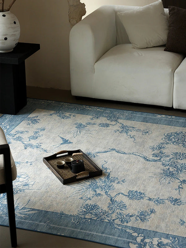 Blue Floral Carpet Rug for Living Room and Bedroom with Retro Artistic Tree Branches Design