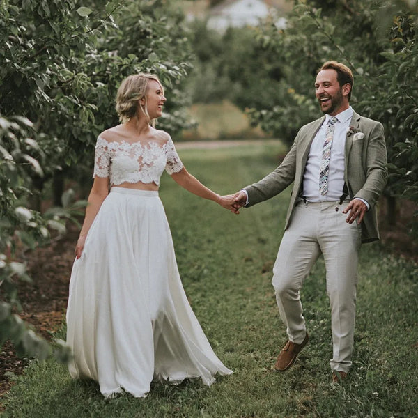 Boho Lace Wedding Dress With O-Neck And Half-Sleeves A-Line Beach Chiffon Gown With Delicate Details