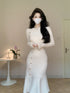 Korean Chic French Knitted Dress Women Long Sleeve Fishtail Bodycon