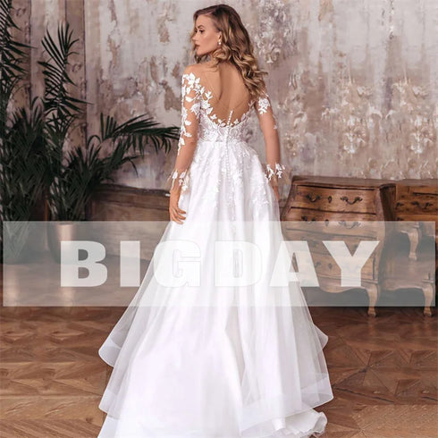 Elegant A-Line Wedding Dress Open Back V-Neck Lace Gown