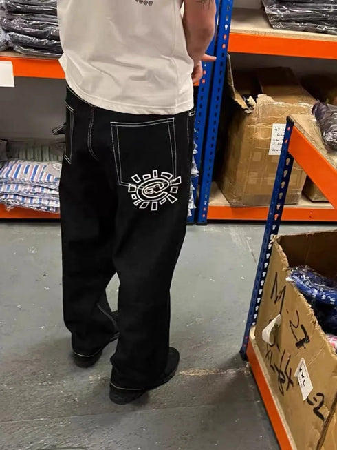 Streetwear Black Logo Print Baggy Jeans for Men and Women