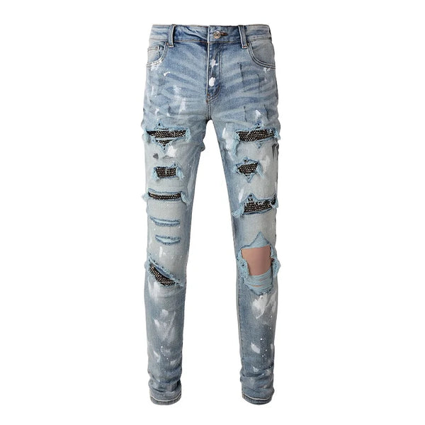 Men's Distressed Crystal Denim Skinny Jeans with Ripped Detail and Patchwork Design