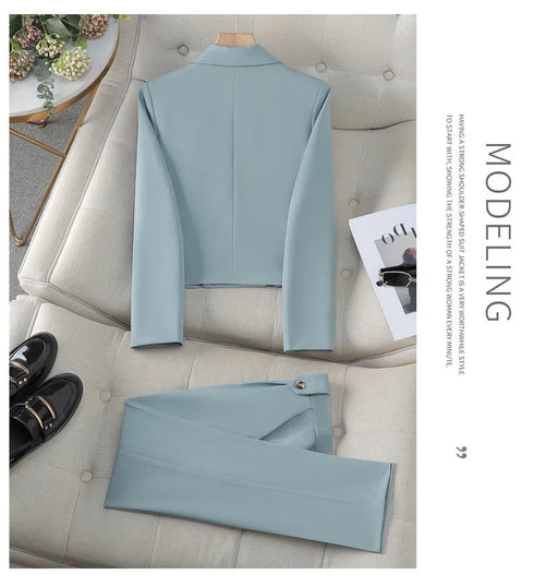 Chic Women's Office Suit Set: Long Sleeve Double Breasted Short Tops with Slim High Waisted Pencil Pants for Spring Fashion