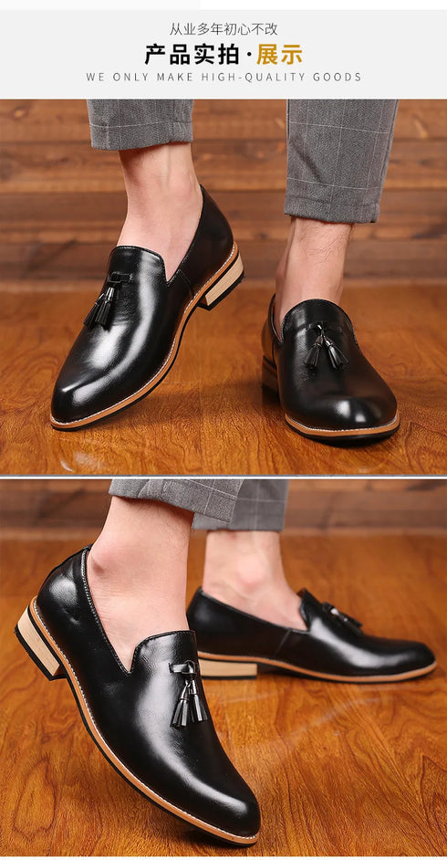 Elegant Pointed Toe Leather Oxfords for Men - Formal Office, Wedding, and Party Dress Shoes Featuring Comfortable Slip-On Design and Durable Rubber Outsole