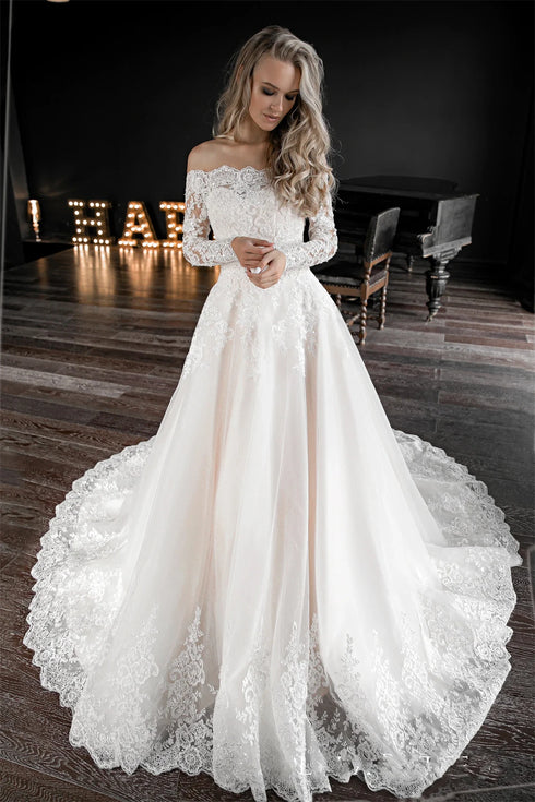 Vintage Off The Shoulder Long Sleeves Lace Applique A Line Wedding Dresses Sweep Train