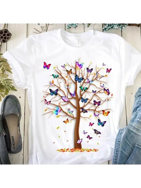 Womens Butterfly Tree Print Harajuku T-Shirt Casual Short Sleeve Summer Top