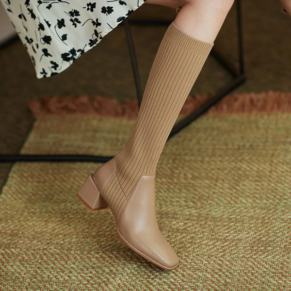 Women Knee-High Sock Boots Fashion Knitting Stretch Cloth Long Boots Square Toe High Heels