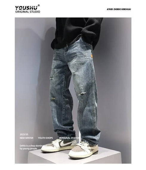 Ripped Jeans Baggy Straight Fit Denim Pants Mens Jeans Streetwear Hip Hop