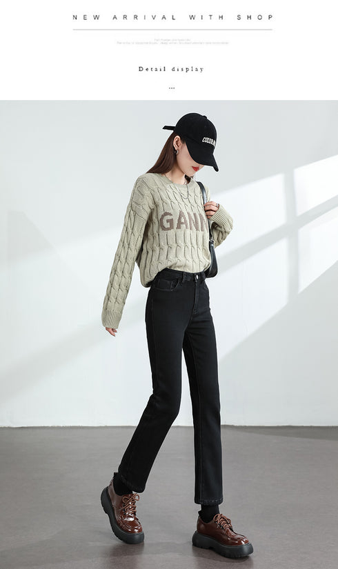 Women's Winter Fleece Warm Jeans Retro Slim Straight Denim Pants