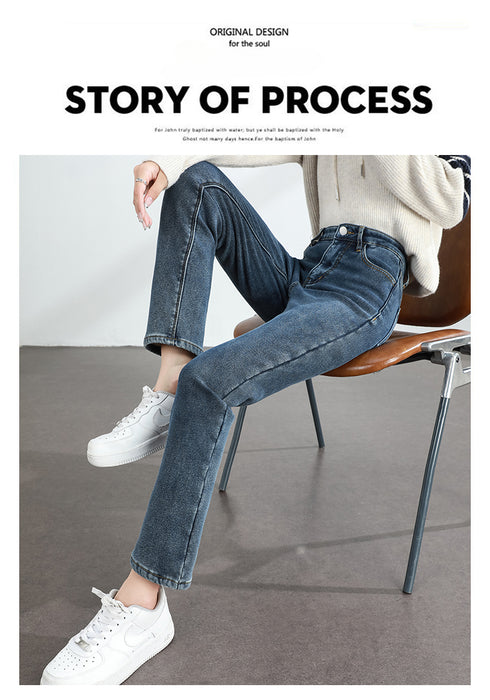 Women's Winter Fleece Warm Jeans Retro Slim Straight Denim Pants