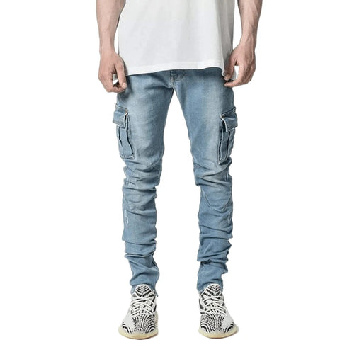 Fashion Streetwear Ripped Skinny Jeans Men Cargo Pants Slim Fit