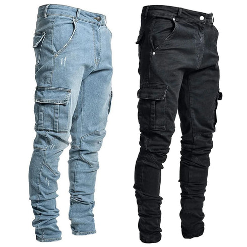 Men's Cargo Pants Jeans Denim Slim Fit Multi Pockets