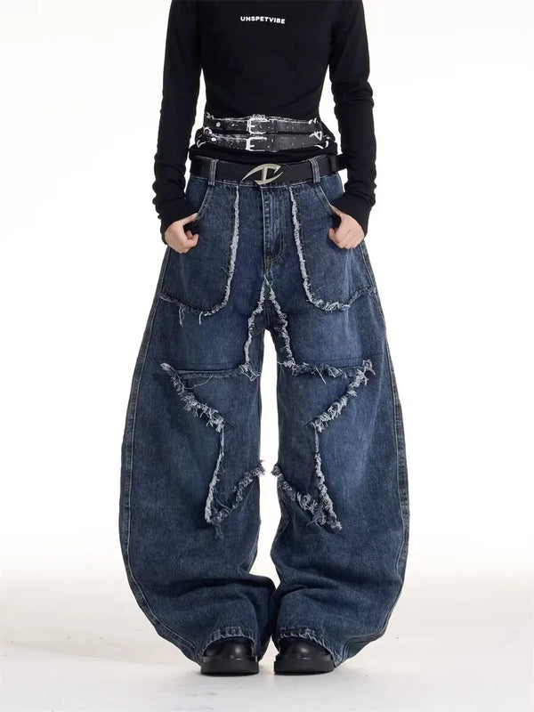 Distressed Wide Leg Jeans For Women With Loose Straight Fit, Ripped Detail, Streetwear Style
