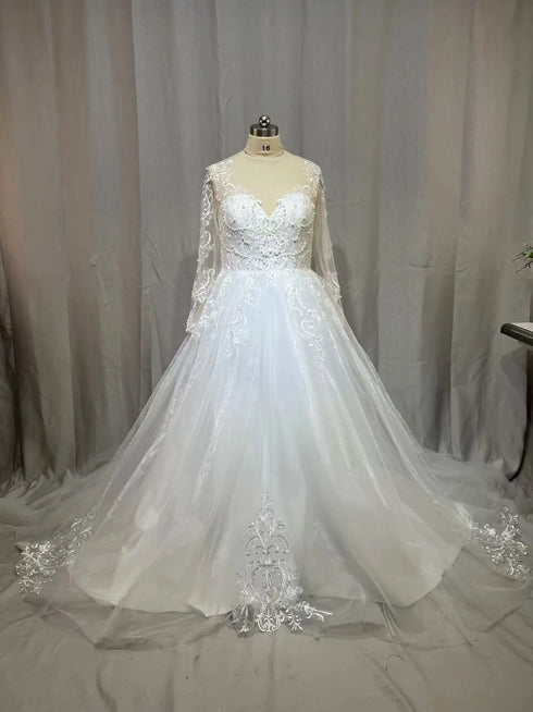 Customized Lace Wedding Dress with Sheer Long Sleeves A-Line Gown