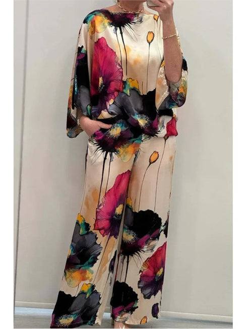 Elegant Satin Printed Two Piece Set for Women – Stylish Round Neck Top with Wide Leg Pants for Effortless Summer Outfits Inspo