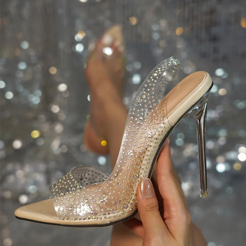 Liyke Crystal Rhinestone PVC Transparent Women Pumps Heels