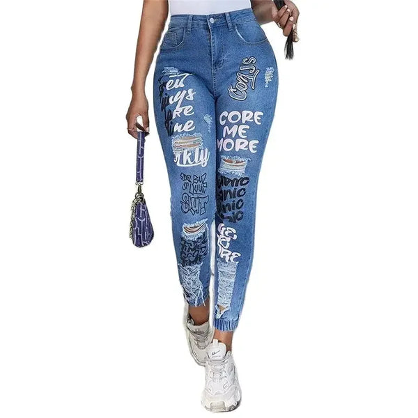 Fashion Alphabet Print Stretch Leg Pencil Jeans Women Denim Pants Chic Mid Waist Trendy Trousers