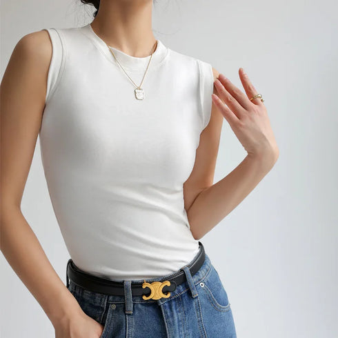 Women's Casual Cotton Sleeveless Camisole Vest with Round Neck, Side Cleavage Coverage, and Comfortable Stretch for Spring/Summer Fashion