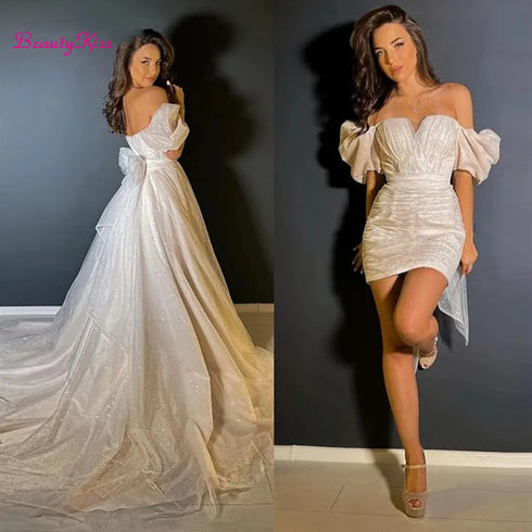 Two Pieces Short Sleeves Princess Wedding Dress Detachable Train Bridal Evening Party Gowns