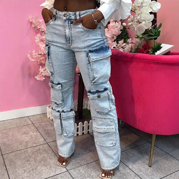Cargo Jeans Women High Waist Stretch Distressed Vintage Denim Trousers With Pockets Streetwear