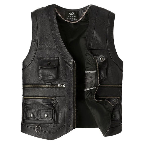 Men's Genuine Cowhide Leather Vest - Slim Fit Multi Pocket Zipper Waistcoat for Spring and Autumn Casual Wear