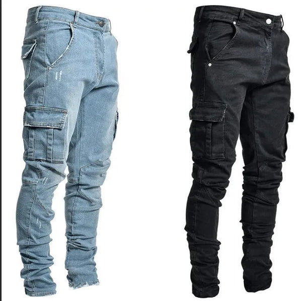 Men Jeans Pencil Pants Cargo Denim Solid Ankle Length Pockets Slim Stretch