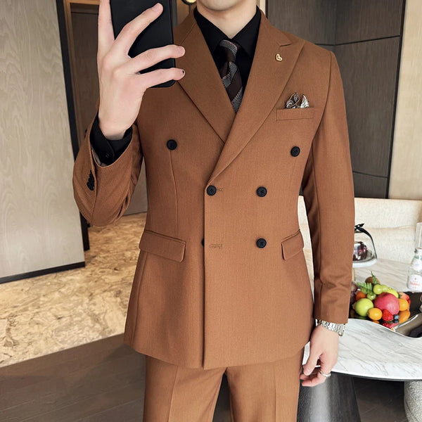 Brown Double-Breasted Men's Casual Suit Three-Piece Set for Groomsmen and Special Occasions