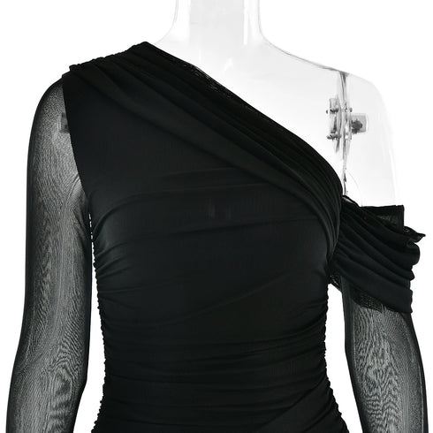 Oblique Shoulder Long Sleeve Maxi Dress for Women Elegant Patchwork Ruched Backless Slim Bodycon Dress