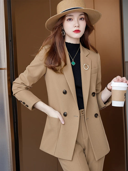 Stylish Women's Formal Pant Suit Set for Office Business Wear - Elegant Blazer and Trouser Ensemble with Pockets, Perfect for Autumn/Winter