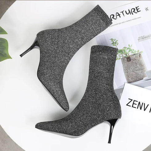 Sexy Sock Boots Knitting Stretch High Heels for Women Fashion Shoes Ankle Boots