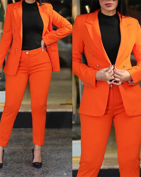 Elegant Women's 2 Piece Casual Business Blazer and Pants Set - Double Breasted Formal Suit for Middle Age Ladies, Spring/Summer Fashion, Ankle-Length Pencil Pants, Slim Fit, High Waist Design