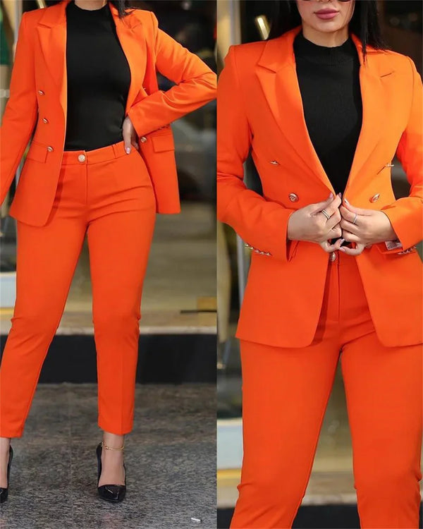 Elegant Women's 2 Piece Casual Business Blazer and Pants Set - Double Breasted Formal Suit for Middle Age Ladies, Spring/Summer Fashion, Ankle-Length Pencil Pants, Slim Fit, High Waist Design