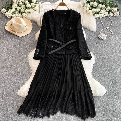 Hepburn Elegant Long Tweed Dresses Women Autumn Party Luxury Robe